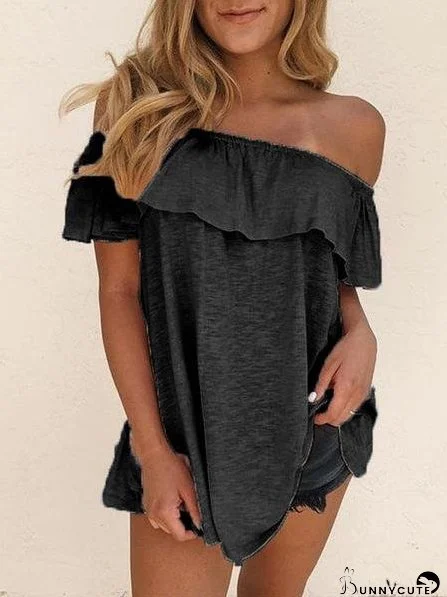 One-shoulder Ruffle Trim Solid Slim Blouse
