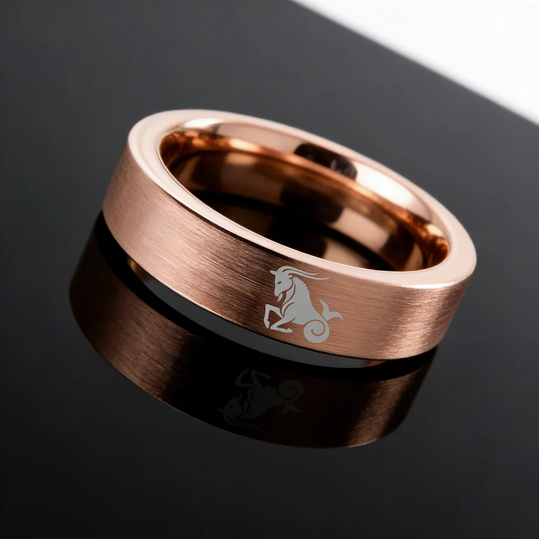 Men Women Rose Gold Capricorn Tungsten Carbide Rings Couple Wedding Bands Flat Comfort Fit 4MM 6MM 8MM Width