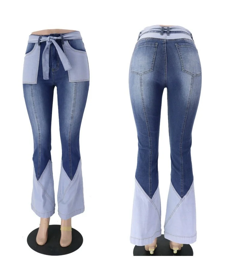 Women Vintage Style High Waist Contrast Patchwork Wide Leg Jeans S-3XL