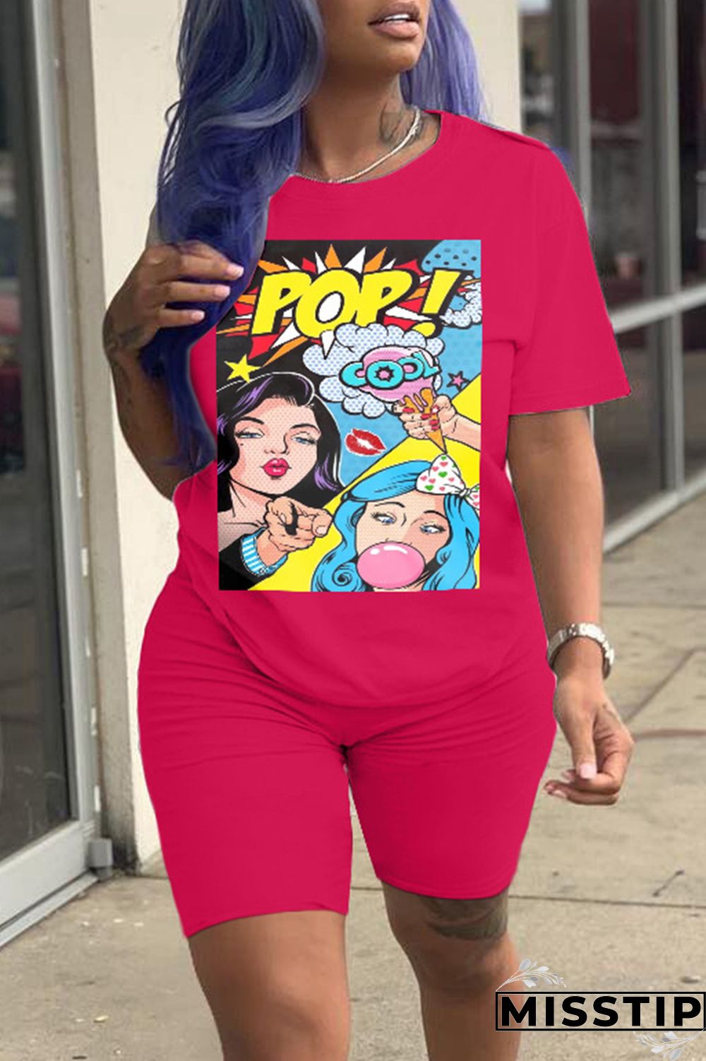 Fluorescent Green Fashion Casual Print Basic O Neck Short Sleeve Two Pieces