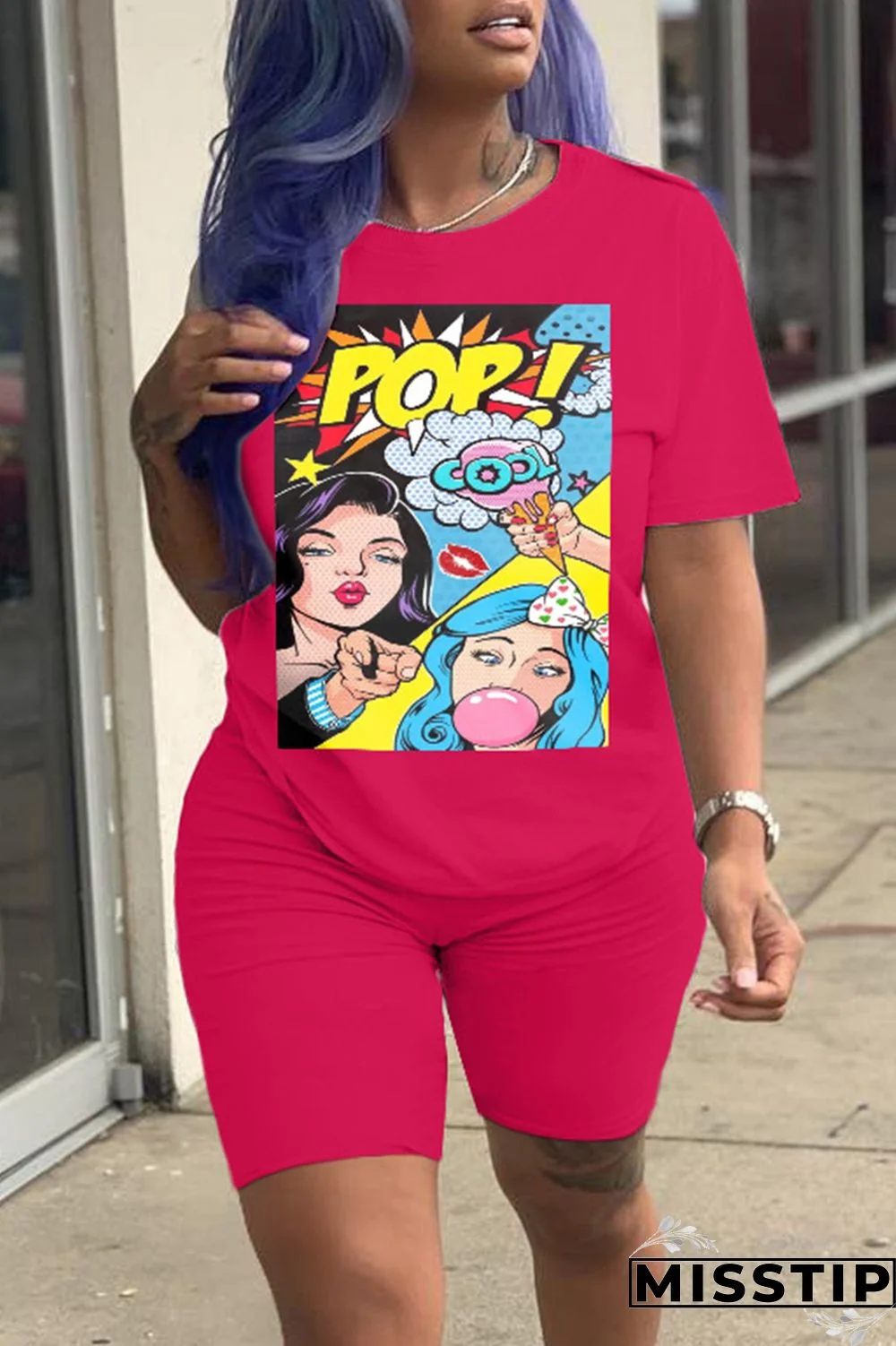 Fluorescent Green Fashion Casual Print Basic O Neck Short Sleeve Two Pieces