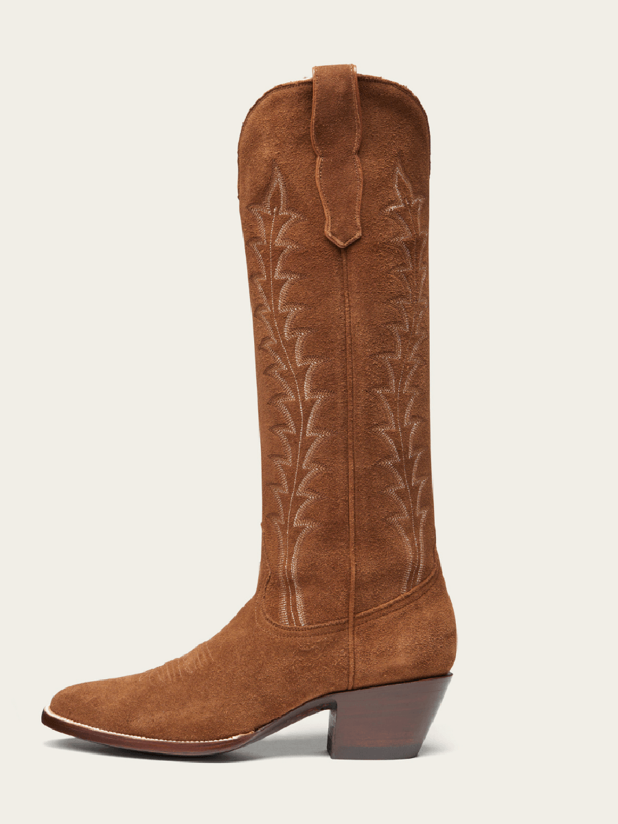 Brown Faux Suede Embroidered Wide Calf Knee High Cowgirl Boots With Chunky Heels