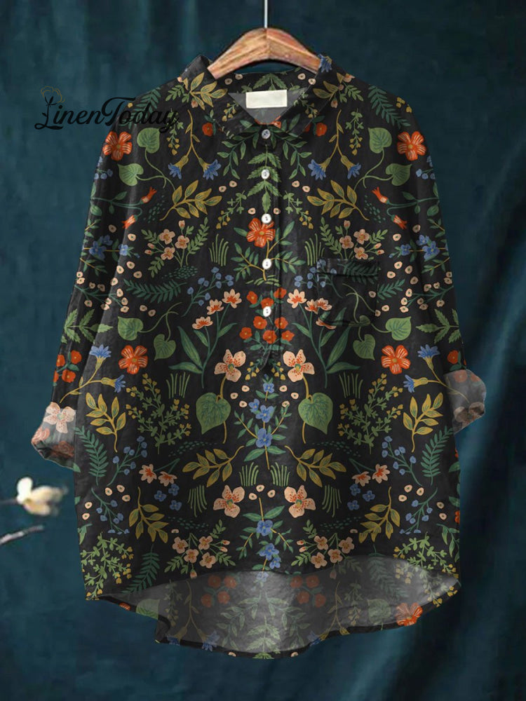 Women’s Flower Print Casual Cotton And Linen Shirt Multicolor / S