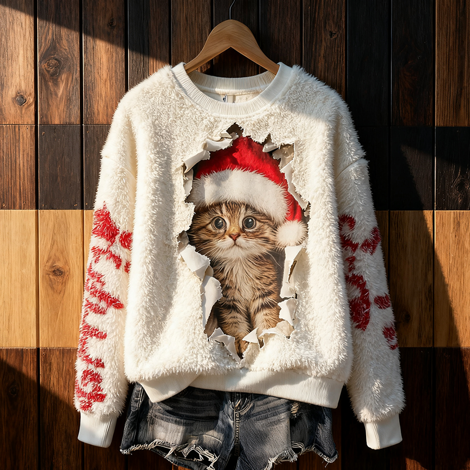 Lady Christmas Fun Cat Design Flannel Sweatshirt elevenforest