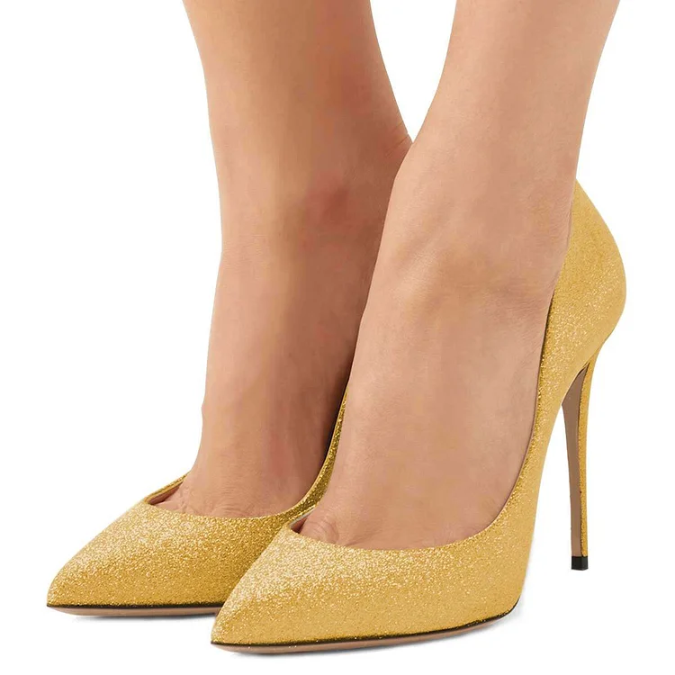Yellow Glitter Shoes Stiletto Heel Pumps |FSJ Shoes