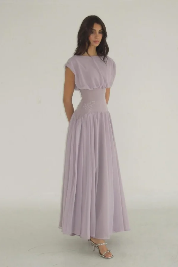 Lilac Chiffon Summer Bateau Sleeveless Prom Dress ZT0652