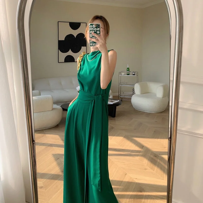 Graduation gift Elegant Woman Green Sleeveless Jumpsuit Summer Outfit Bandage High Waist Wide Leg Pants Black Rompers Playsuits Female Overalls