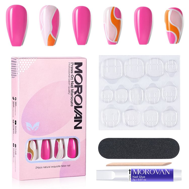 24PCS Fake Nails 14 Sizes Pink/White/Orange Press On Nails Kit