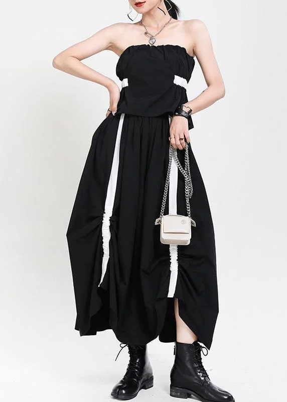 Handmade Black Patchwork Puff Sleeve Mid Dress Summer