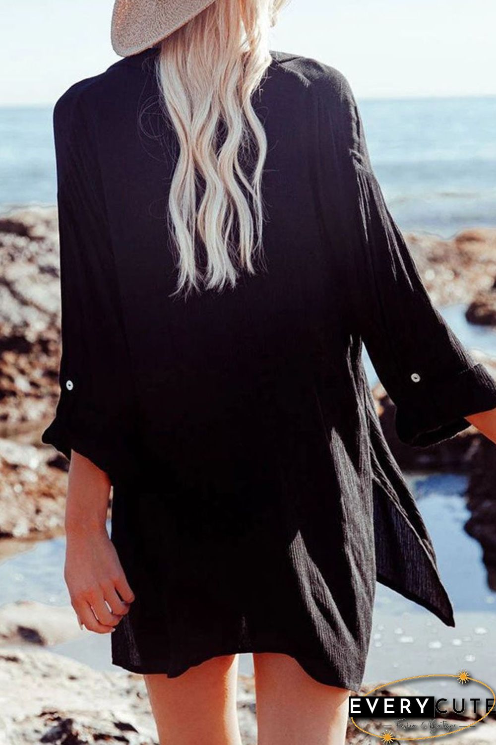 Casual Solid Split Joint Turndown Collar Tops