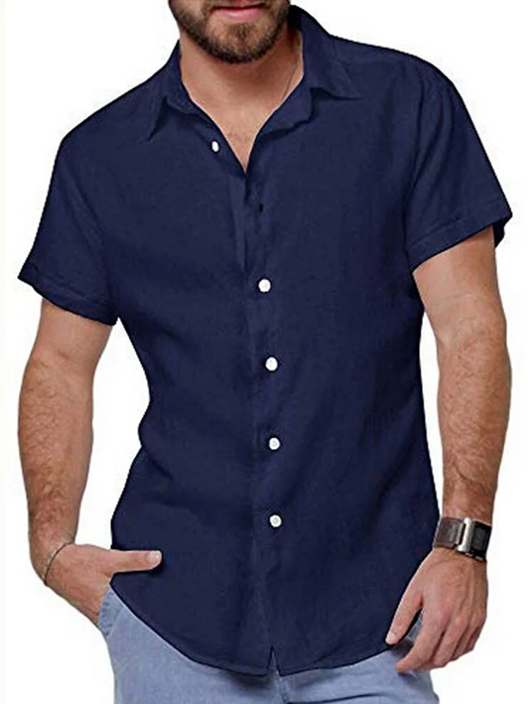 Men's Lapel Collar Cotton Linen Shirt Solid Color Short Sleeve Shirt