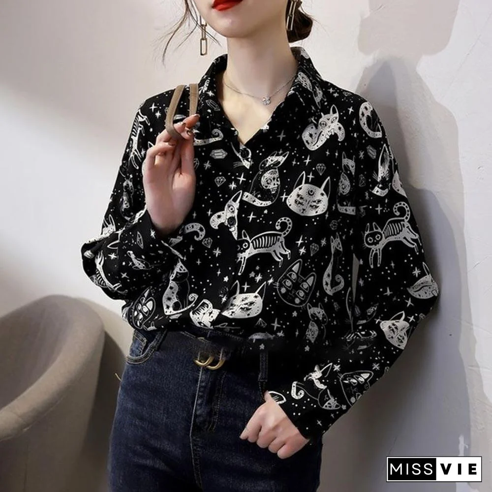 Cute Kitten Print Long Sleeve Shirt