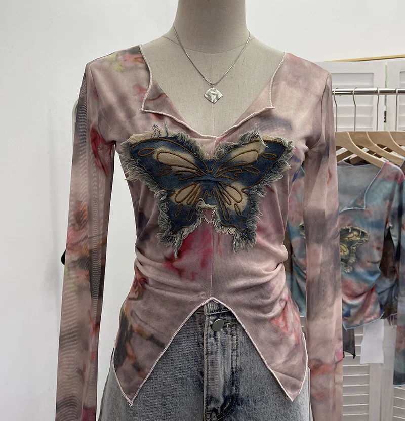 Uveng Real Shooting Amount Of Bumpy Tulle Spliced Denim Butterfly Design Sunscreen Coat V Collar Short T-Shirt 1965
