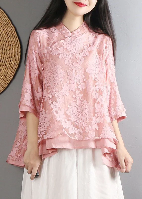 Women Pink Mandarin Collar Cotton Shirt Top Bracelet Sleeve