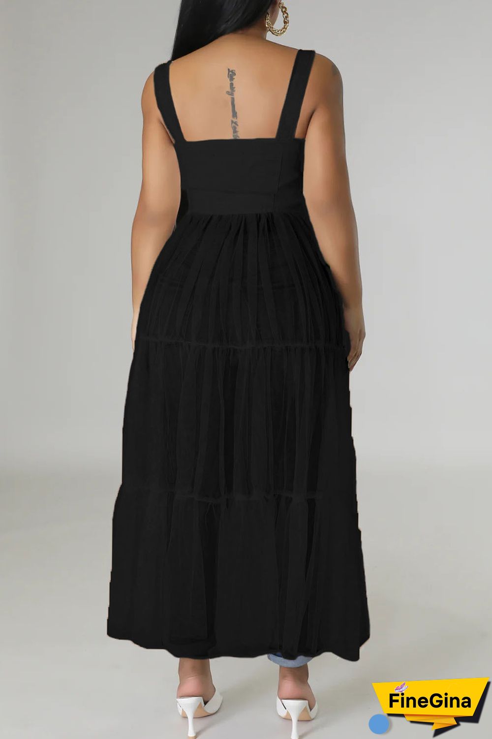 Black Casual Simplicity Solid Patchwork Fold Mesh Spaghetti Strap High Waist Tops