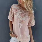 Women's Floral Embroidery Lace Linen Crew Neck T-shirt - Image 2