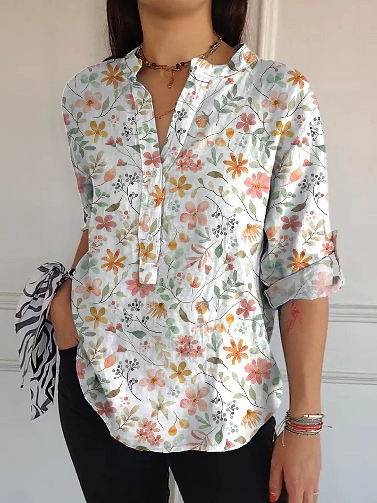 Watercolor Meadows Floral Pattern Printed Women's Casual Long Sleeve Comfortable Cotton Shirt