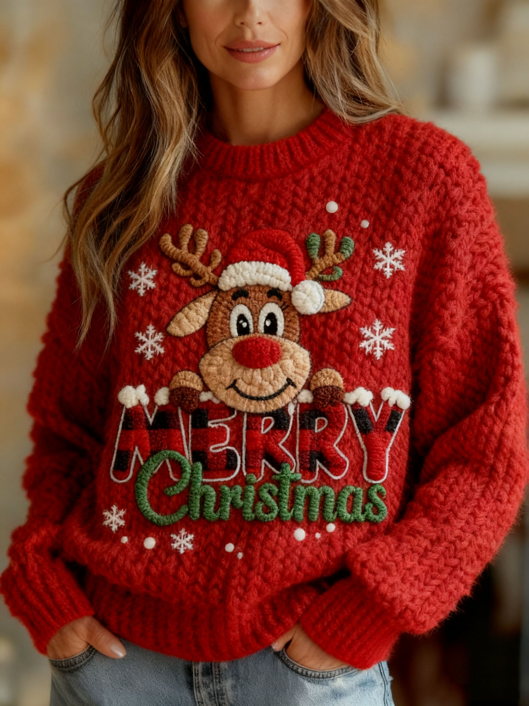 Women&rsquo;s Rudolph Merry Christmas Plush Knit Sweater-1014