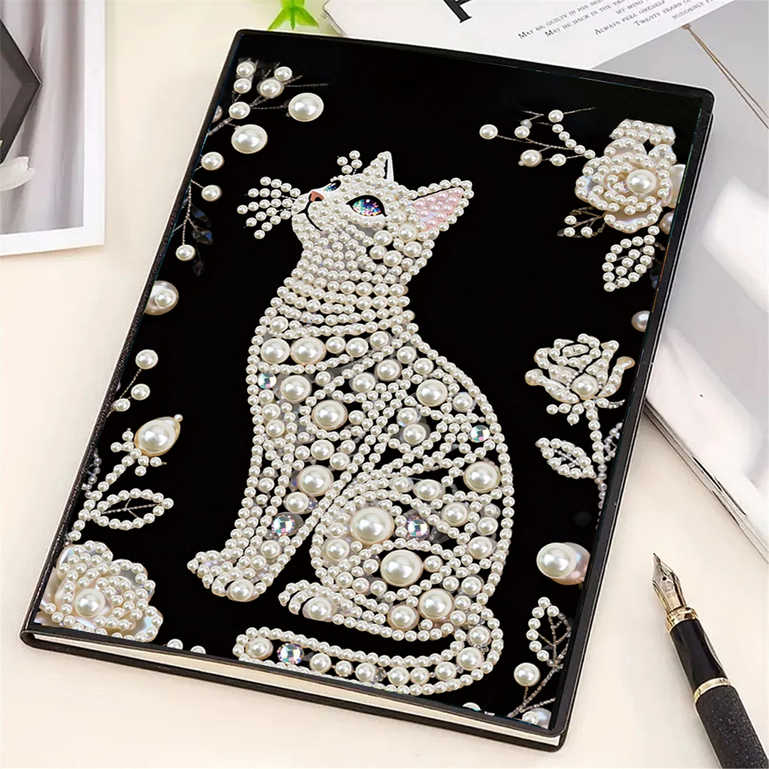 Flowers and Cat Partial Pearl DIY 50 Pages A5 Diamond Painting Notebook Special Shaped Diamond Art Diary Book Kits Wireless Strip 5D Crystal Art Paintings Sketchbook for Art Drawing