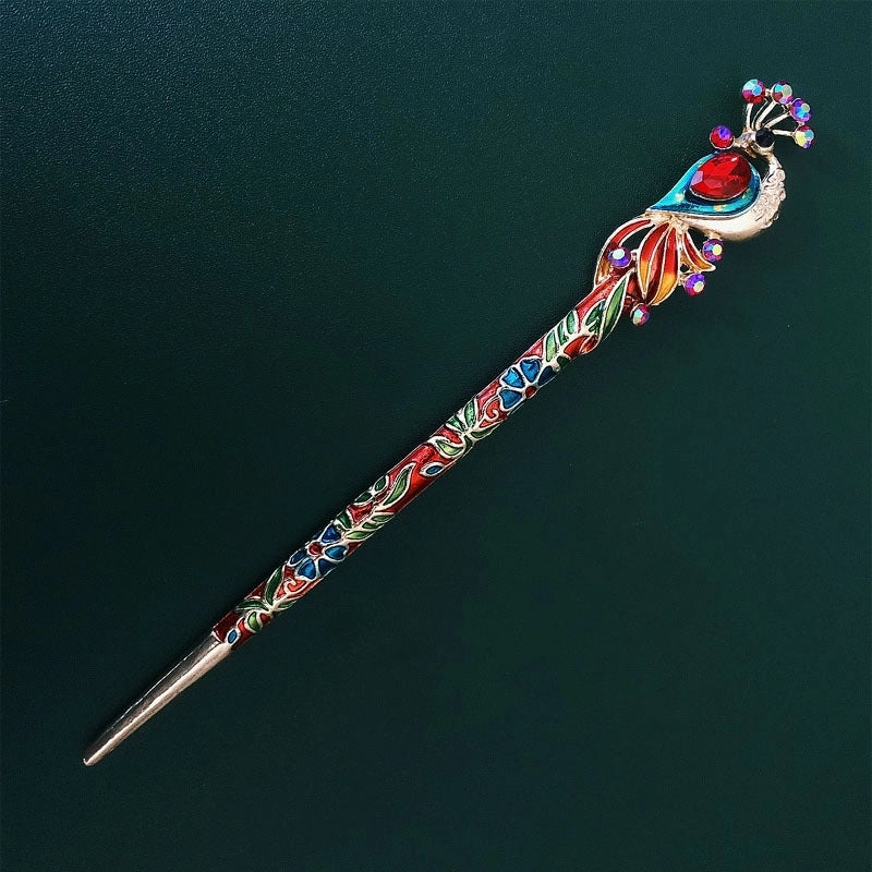 Supply Vintage Headdress Peacock Crystal Cloisonne Hairpin Chinese Style Hanfu Updo Accessories Raccoon Hair Accessories