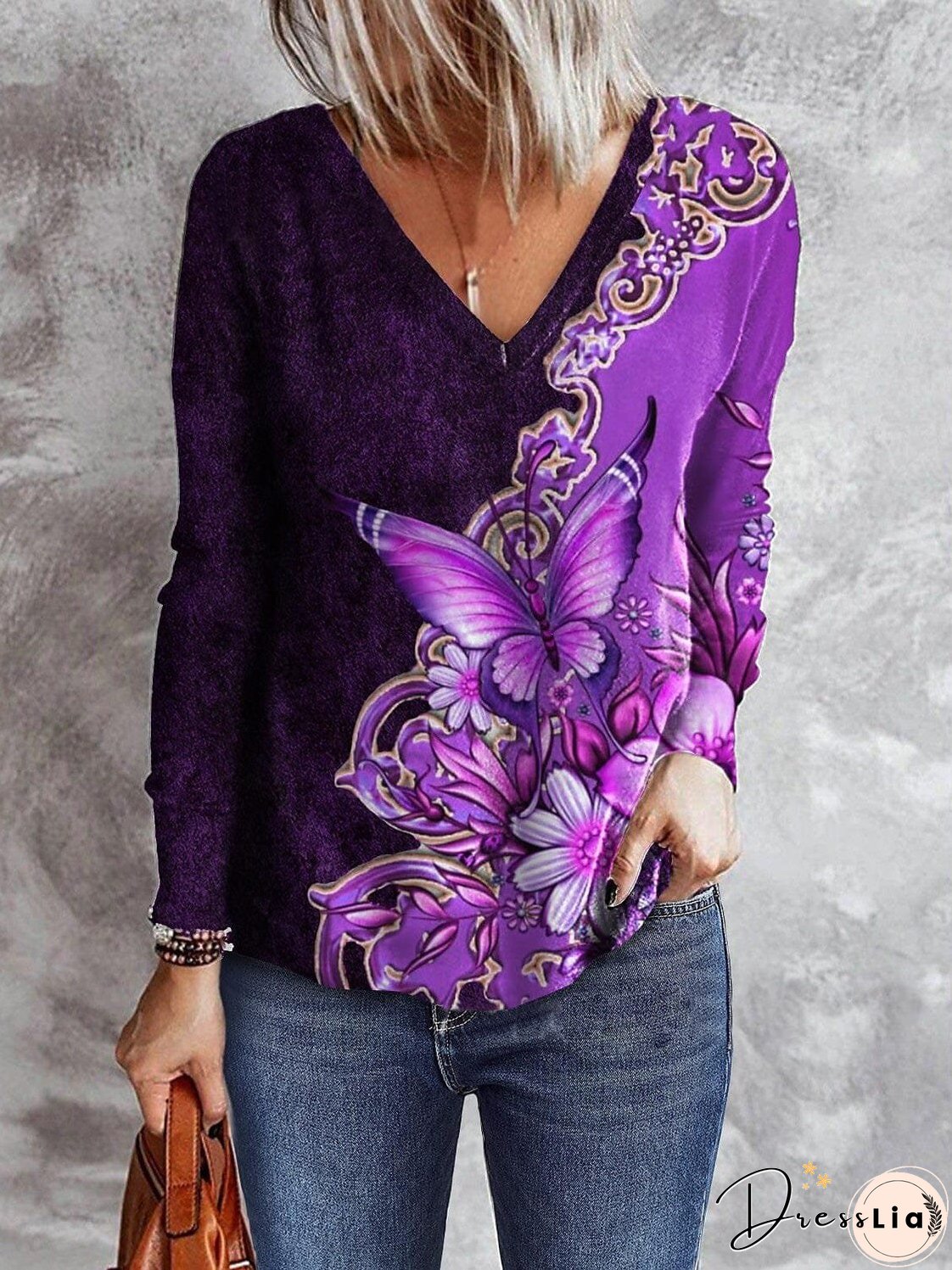 Floral Butterfly Long Sleeve V-Neck Top