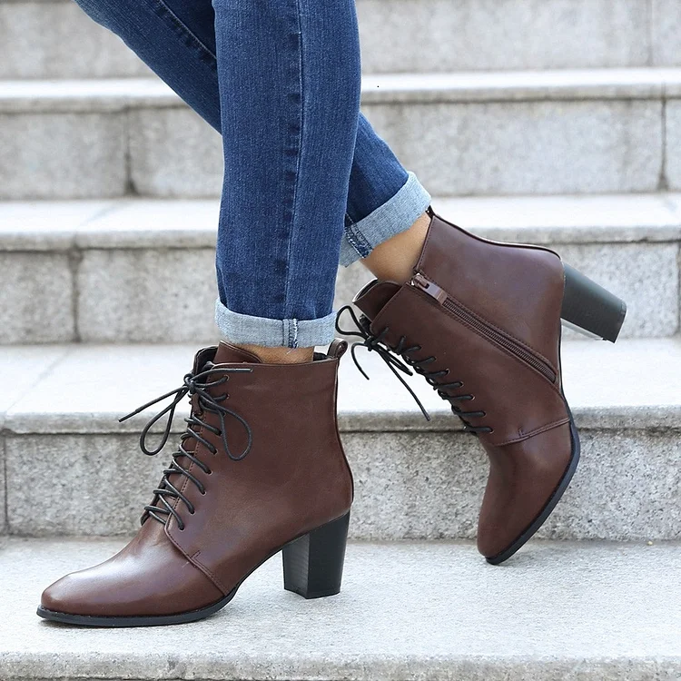 Chocolate Lace Up Boots Round Toe Chunky Heel Ankle Boots |FSJ Shoes