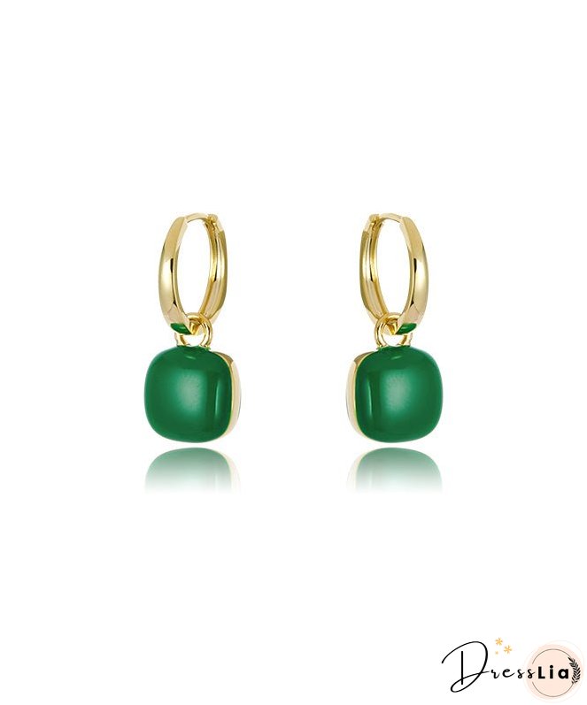 Unique Green Copper Overgild 18K Gem Stone Square Drop Earrings
