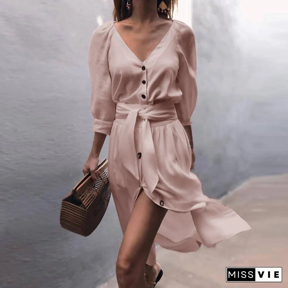 Casual Front Tie Mid Sleeve Button Front Shirt Dress