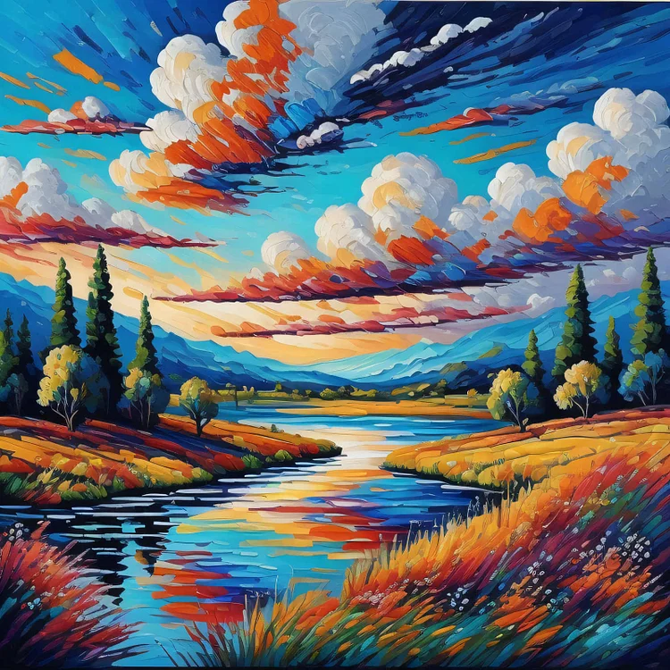 River with Clouds - Round Drills - 50*50cm