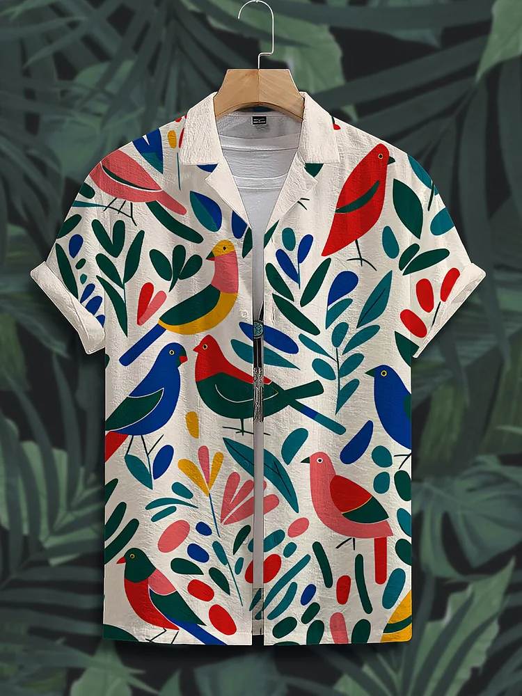 Men's Color Block Bird Art Print Short Sleeve Shirt