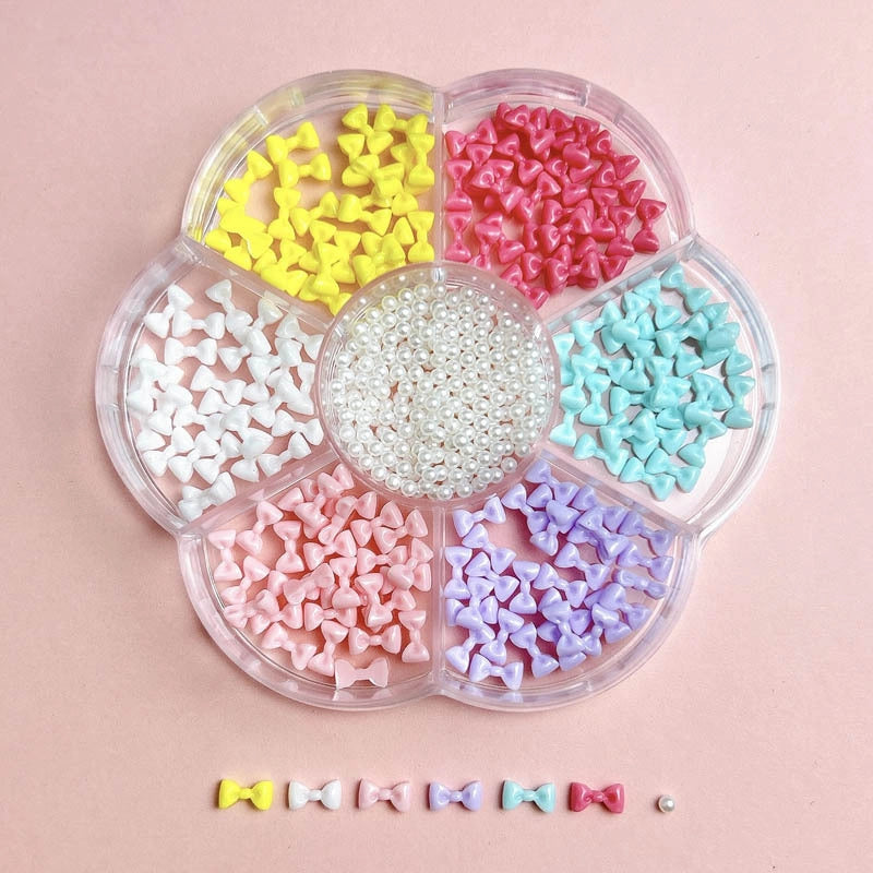 7-Grid Mixed Bow Pearl Nail Beauty Ornament Girl’s Style Mini Small Bow Tie Nail Material Package Box