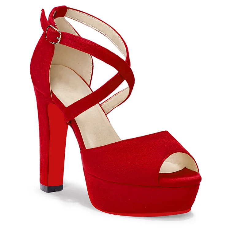 125mm Red Bottom Heels Party Peep Toe Platform Cross Ankle Strap Pumps Chunky High Heels Dress Sandals VOCOSI VOCOSI