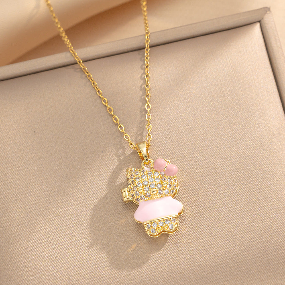 Design Kt Cat Pendant Necklace Micro Inlaid Zircon Copper Plated 18 Gold All-Match Clavicle Chain