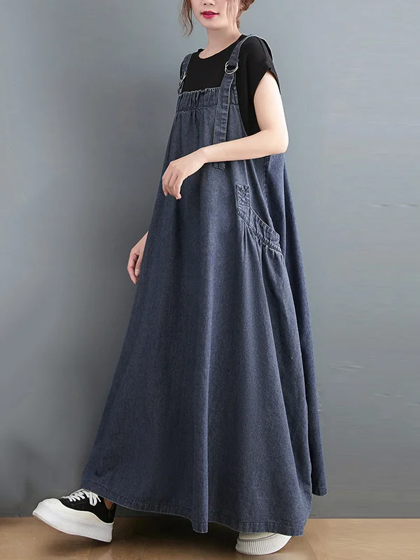 Artistic Retro-Inspired Denim Midi Dress: Vintage Loose Strapped Design