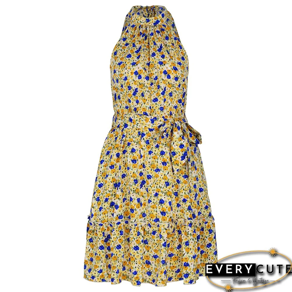 Yellow Sleeveless Halter Floral Dress with Belt
