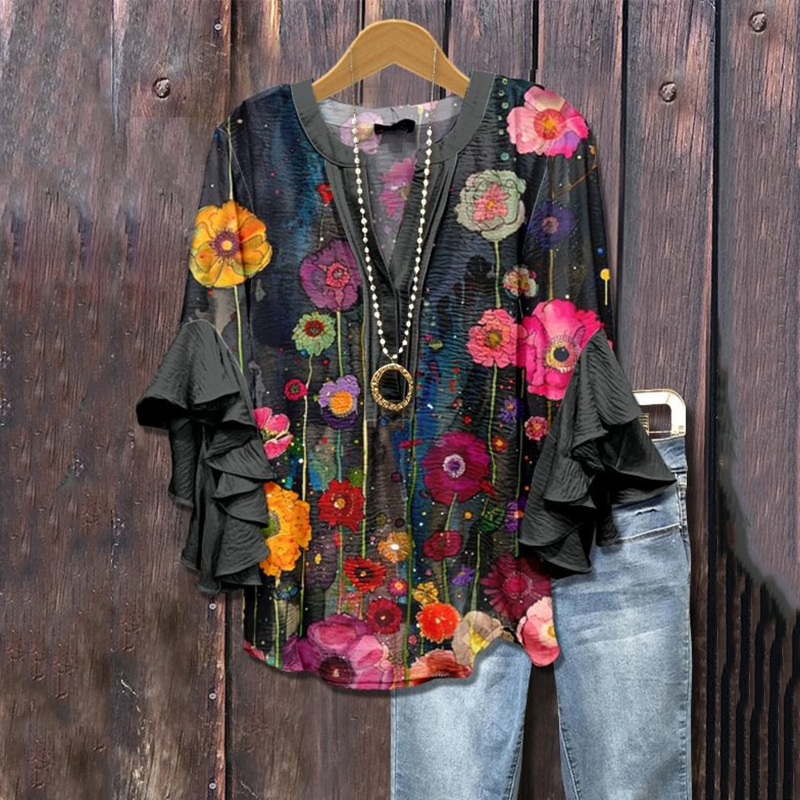 Comstylish Vintage Floral Art Print V-neck Ruffle Blouse