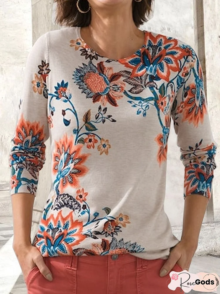 Flower Print Pullover T-Shirt Plus Size