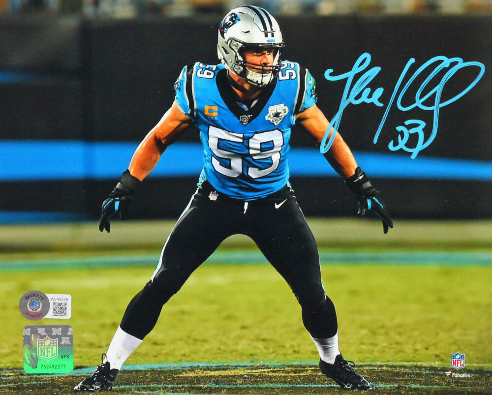 Luke Kuechly Autographed Panthers Stance 8x10 FP Photo Poster painting- Beckett W *Teal