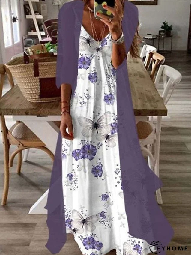 Casual Dress Dress Set Two Piece Dress Long Dress Maxi Dress Purple Brown Green Half Sleeve Flower Print Summer Spring V Neck Fashion Vacation S M L XL XXL 3XL for Women | IFYHOME