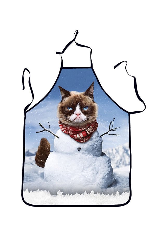 Funny Adult Party Cosplay Snowman Cat Print Christmas Apron White-elleschic