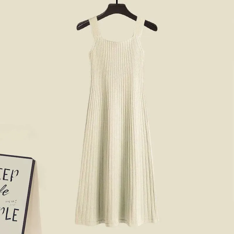 Rhombus Print Cardigan Sweater Slip Dress Two Pieces