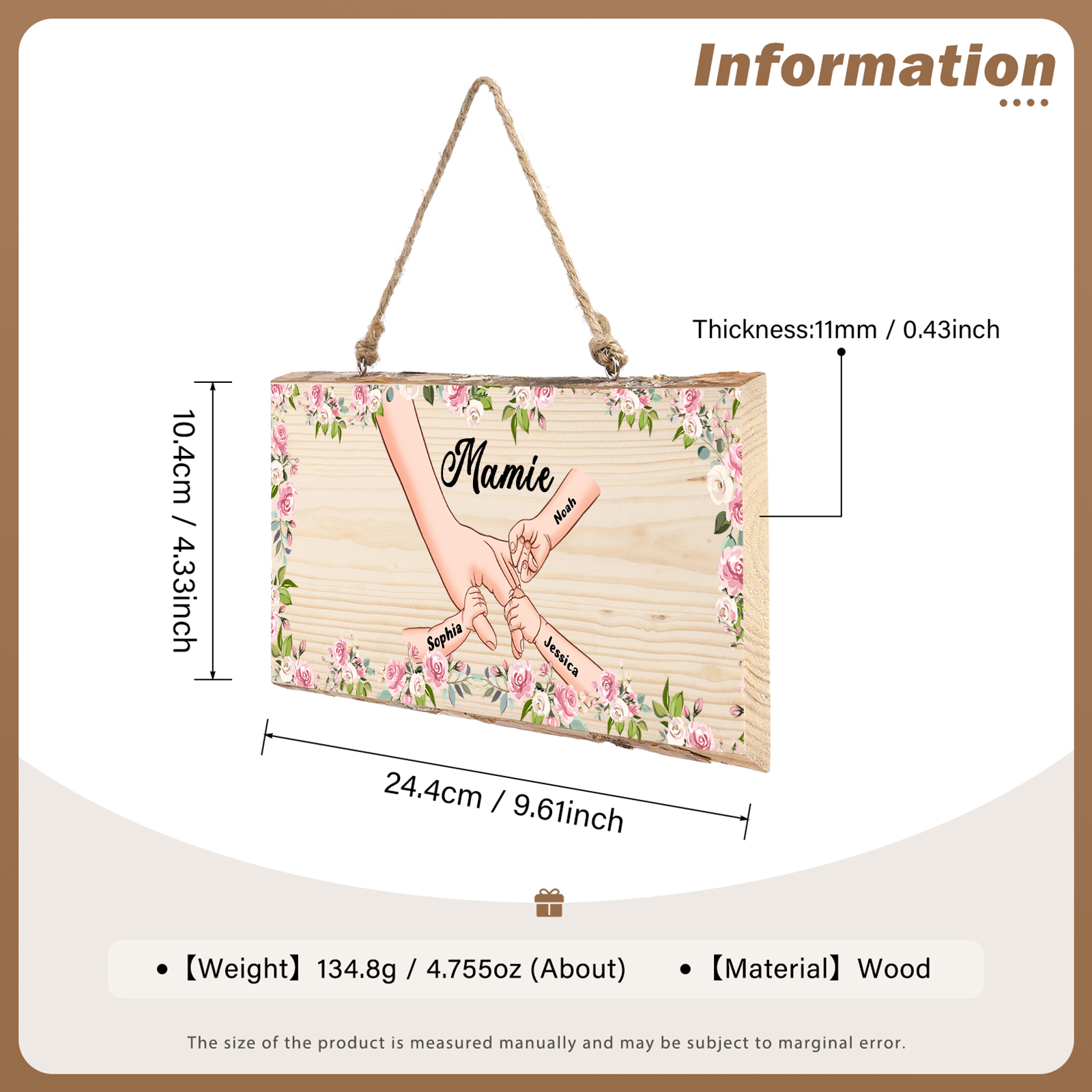 À ma Mamie - Décoration en bois la main dans la main 1-6 Prénoms Personnalisés pour Famille Peinture Décorative