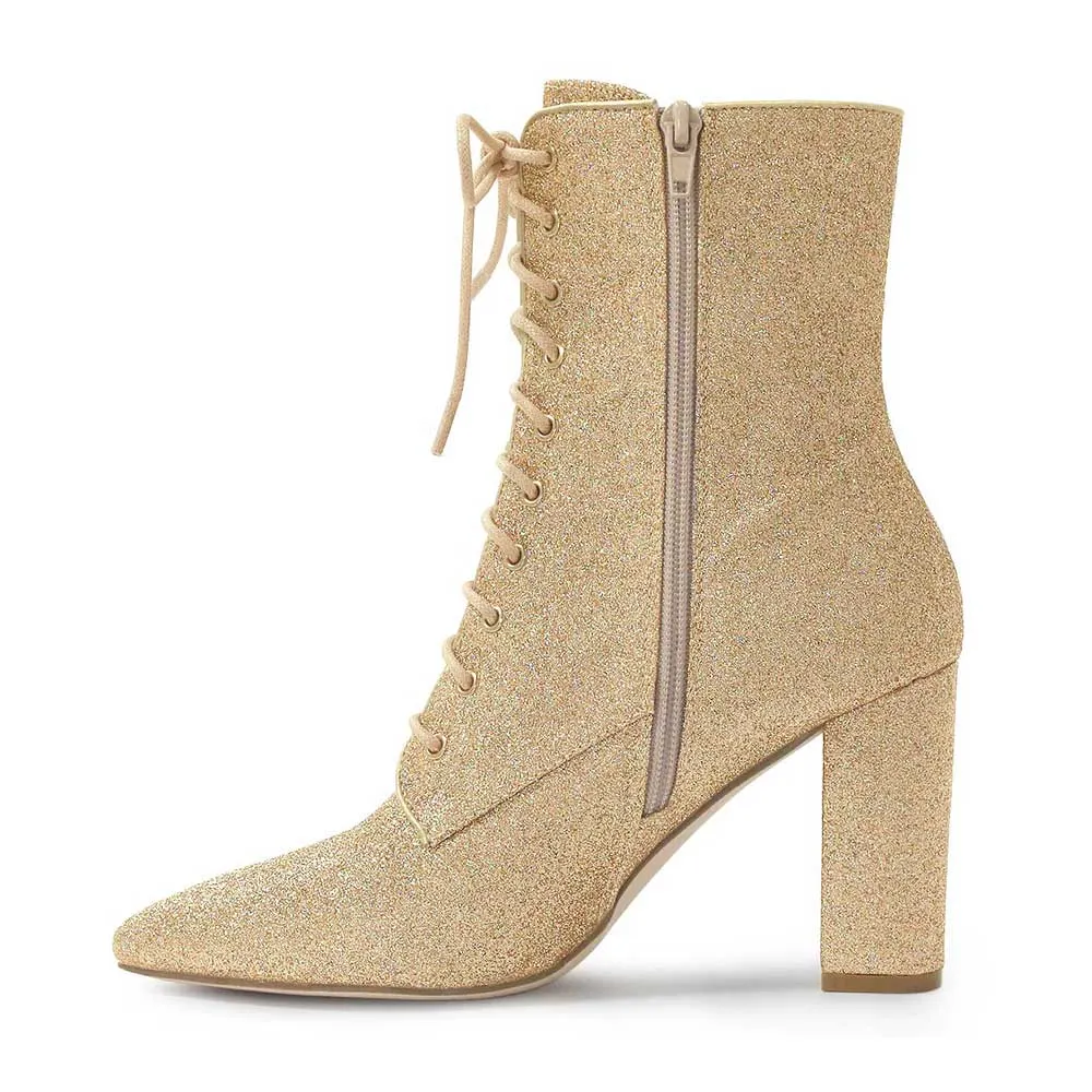 Eye-Catching Gold Pointed Toe Lace Up Side Zipper Glitter Boots
