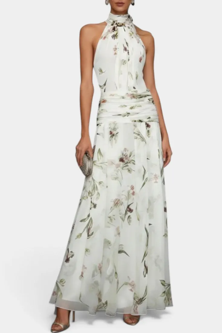 Ruched Halter Maxi Dress with Floral Print
