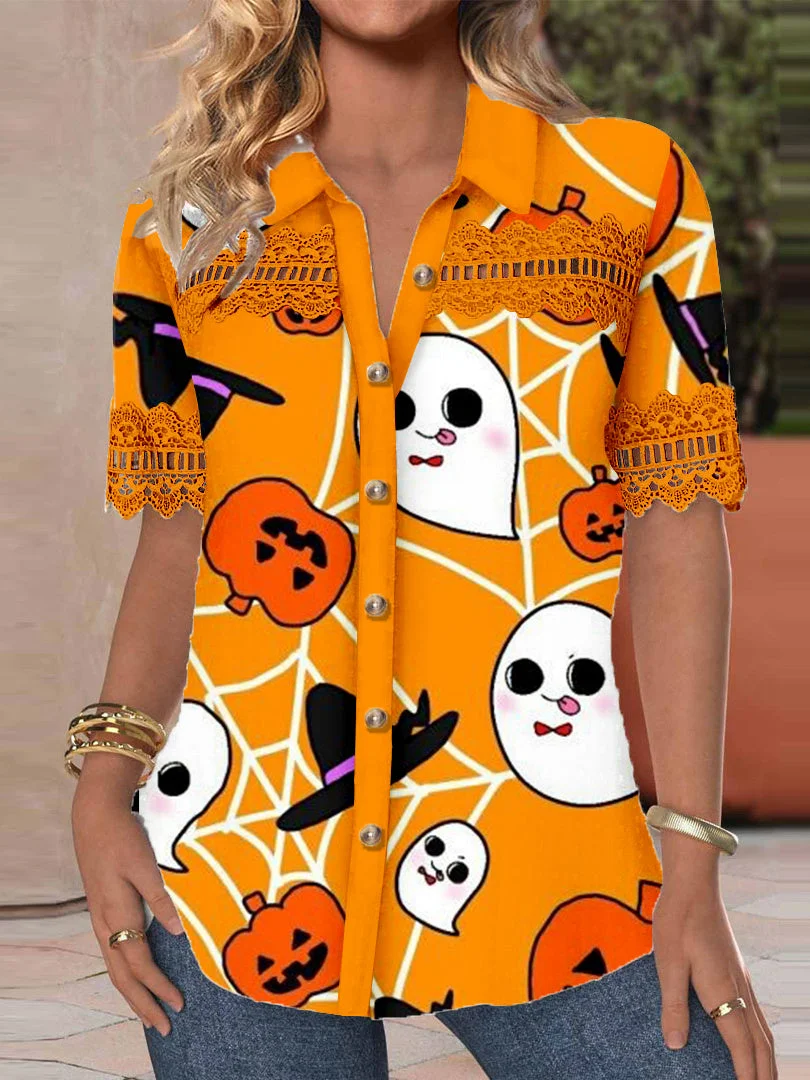 Women Short Sleeve V-neck Ghost Pumpkin Printed Graphic Lace Hollow Stitching Button Tops