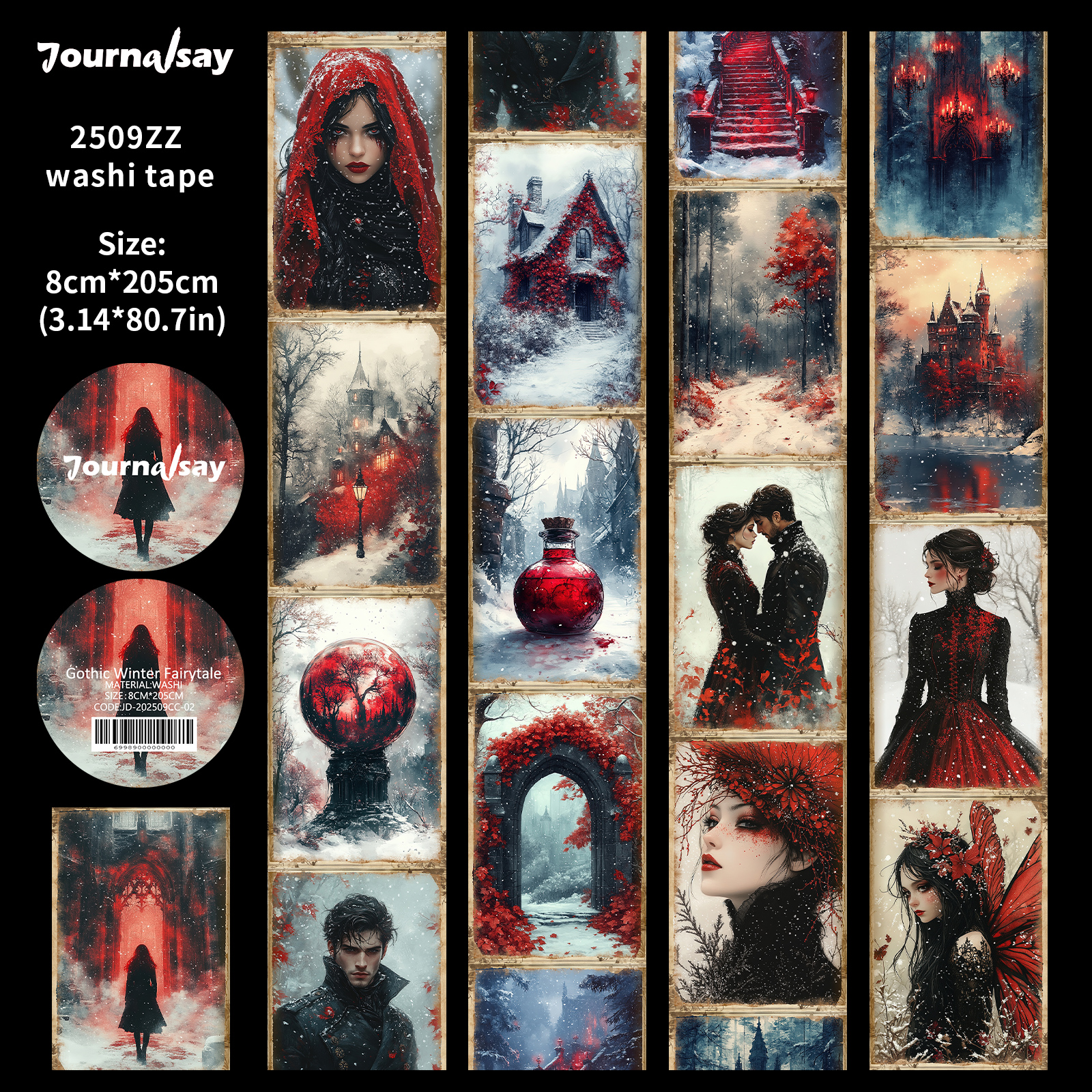 와시 테이프 - 8cm*205cm 빈티지 고딕 겨울 동화 캐릭터