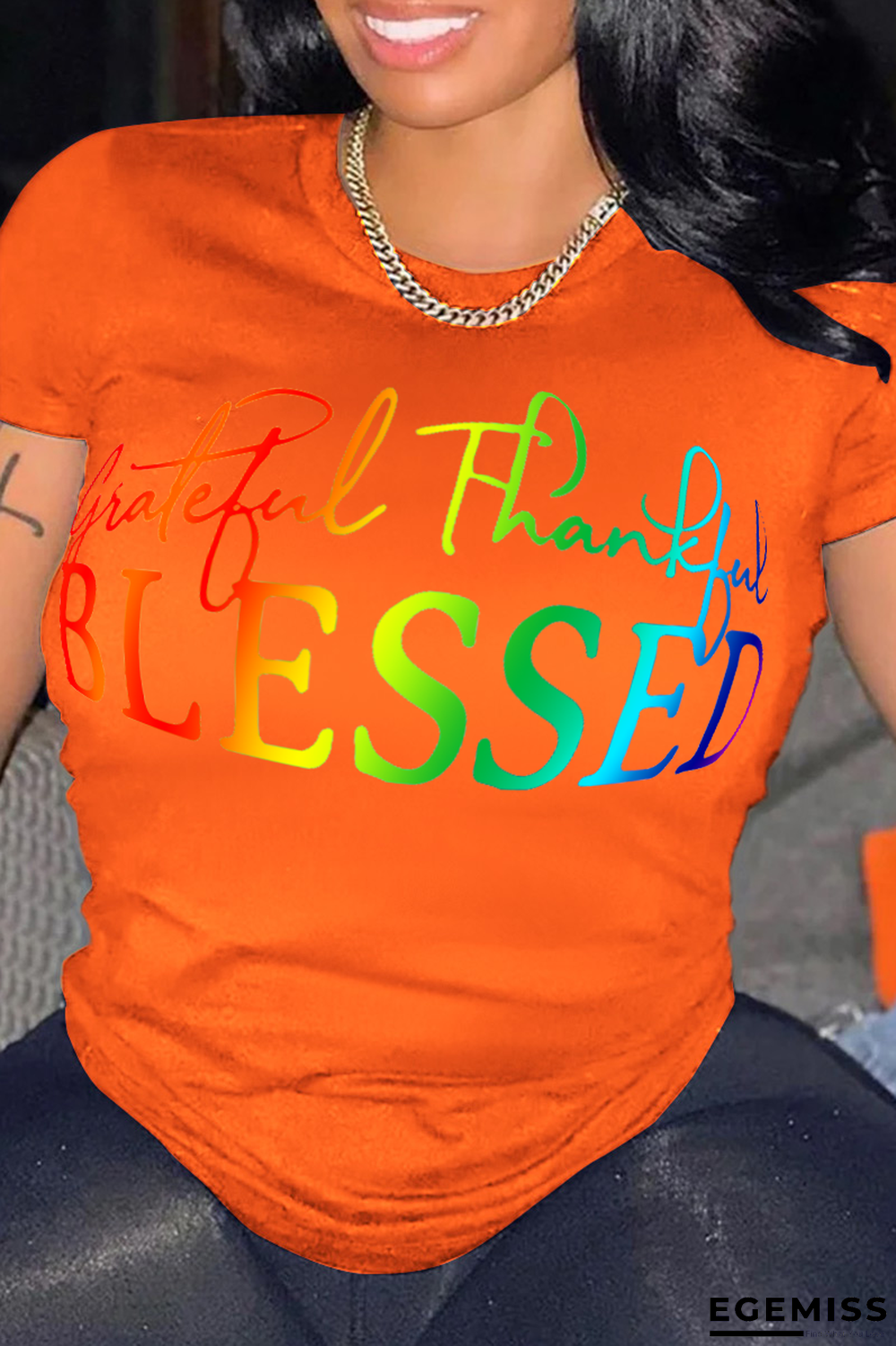 Orange Casual Basis Print Patchwork Letter O Neck T-Shirts | EGEMISS