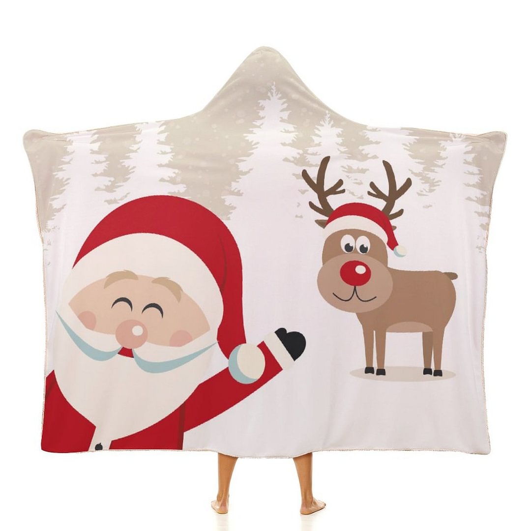 Personalized Santa and Reindeer White Hooded Blanket