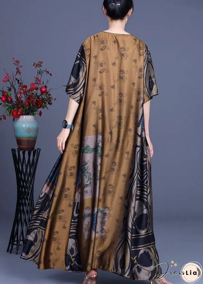 French Yellow Print Silk O-Neck Summer Long Dress