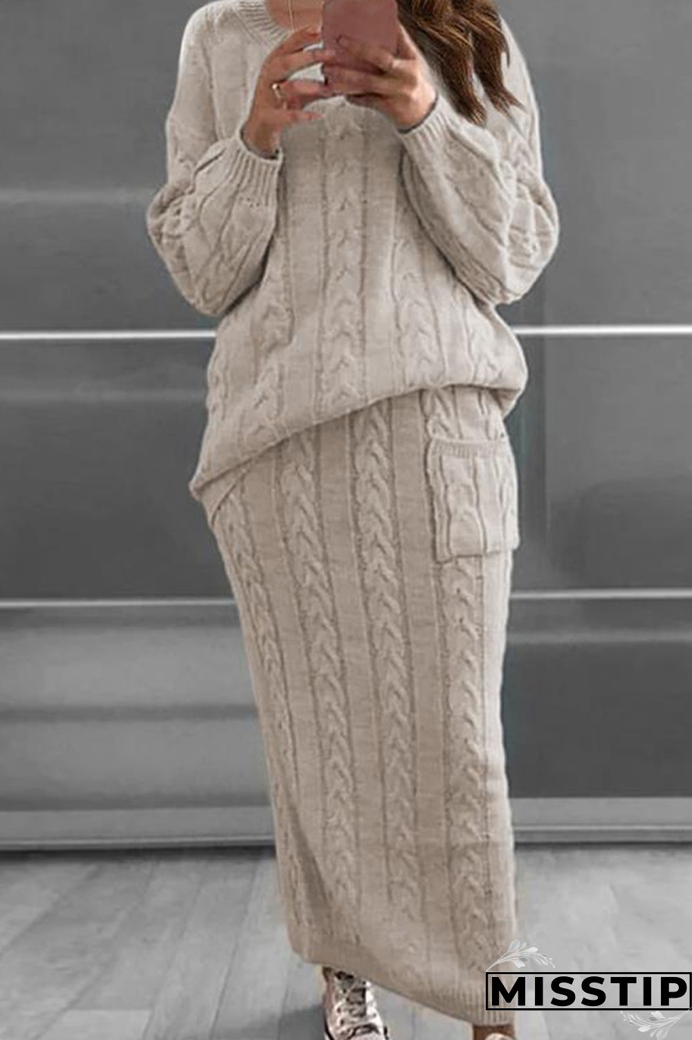 Apricot Fashion Casual Solid Patchwork O Neck Long Sleeve Two Pieces